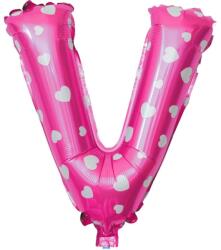 Flippy Balon Folie Metalizata Litera V, Flippy, 40 cm, Cu Imprimeu Inimioare, Umflati cu Heliu sau Aer, Ambalaj Individual, Pai inclus, Roz (teo-129606)