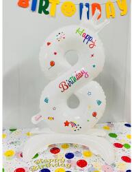 Flippy Balon din Folie Metalizata, Flippy, Figurina Cifra, Model 8 cu Happy Birthday Scris, Tema Aniversare 81 cm, Ambalaj Individual, Pai Inclus, Umflare cu Aer sau Heliu, Alb (teo-133944)