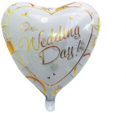 Flippy Balon din Folie Metalizata, Flippy, Figurina Inima, Model Our Wedding Day, Tema Nunta, 45 cm, Ambalaj Individual, Pai Inclus, Umflare cu Aer sau Heliu, Alb Auriu (teo-130993)