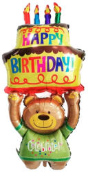 Flippy Balon din Folie Metalizata, Flippy, Figurine Animalute, Model Ursulet cu Tort Aniversar, 124x65 cm, Ambalaj Individual, Pai Inclus, Umflare cu Aer sau Heliu, Multicolor (teo-127289)