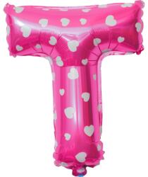 Flippy Balon Folie Metalizata Litera T, Flippy, 40 cm, Cu Imprimeu Inimioare, Umflati cu Heliu sau Aer, Ambalaj Individual, Pai inclus, Roz (teo-129604)