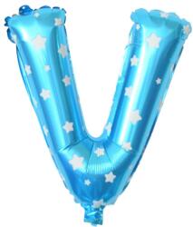 Flippy Balon Folie Metalizata Litera V, Flippy, 40 cm, Cu Imprimeu Stelute, Umflati cu Heliu sau Aer, Ambalaj Individual, Pai inclus, Albastru (teo-129580)