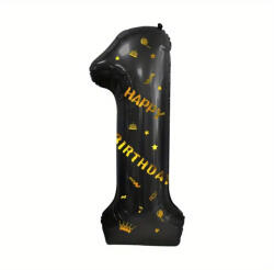 Flippy Balon din Folie Metalizata Flippy, Figurina Cifra, Scris Happy Birthday, Tema Aniversare 100 cm, Ambalaj Individual, Pai inclus, Umflare cu Aer sau Heliu, Negru, Cifra 1 (teo-129268)