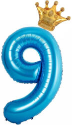 Flippy Balon din Folie Metalizata Flippy, Figurina Cifra si Coroana, Tema Aniversare 100 cm, Ambalaj Individual, Pai inclus, Umflare cu Aer sau Heliu, Albastru, Cifra 9 (teo-129256)