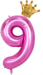 Flippy Balon din Folie Metalizata Flippy, Figurina Cifra si Coroana, Tema Aniversare 100 cm, Ambalaj Individual, Pai inclus, Umflare cu Aer sau Heliu, Roz, Cifra 9 (teo-129246)