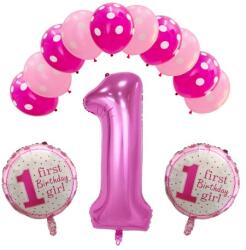 Flippy Set 13 baloane Prima Aniversare, 10 baloane latex, 2 baloane rotunde folie, cifra 1, Roz (teo-129902)