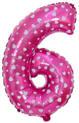 Flippy Balon din Folie Metalizata Flippy, Figurina Cifra, Imprimeu Inimi, Tema Aniversare 80 cm, Ambalaj Individual, Pai inclus, Umflare cu Aer sau Heliu, Roz, Cifra 6 (teo-127172)