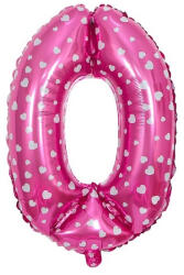 Flippy Balon din Folie Metalizata Flippy, Figurina Cifra, Imprimeu Inimi, Tema Aniversare 80 cm, Ambalaj Individual, Pai inclus, Umflare cu Aer sau Heliu, Roz, Cifra 0 (teo-127165)