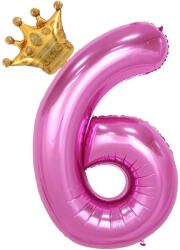 Flippy Balon din Folie Metalizata Flippy, Figurina Cifra si Coroana, Tema Aniversare 100 cm, Ambalaj Individual, Pai inclus, Umflare cu Aer sau Heliu, Roz, Cifra 6 (teo-129243)