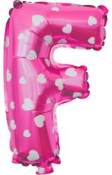 Flippy Balon Folie Metalizata Litera F, Flippy, 40 cm, Cu Imprimeu Inimioare, Umflati cu Heliu sau Aer, Ambalaj Individual, Pai inclus, Roz (teo-129590)