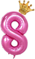 Flippy Balon din Folie Metalizata Flippy, Figurina Cifra si Coroana, Tema Aniversare 100 cm, Ambalaj Individual, Pai inclus, Umflare cu Aer sau Heliu, Roz, Cifra 8 (teo-129245)