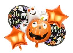 Flippy Set 5 Baloane din Folie Metalizata, Flippy, Figurine, Tema Halloween, Pai Inclus, Ambalaj Individual, Umflare cu Aer sau Heliu, Figurina Dovleac cu Fantoma 64x80 cm, Stelute si Cerculete 45 cm, Multic