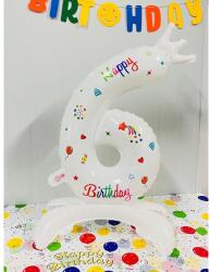 Flippy Balon din Folie Metalizata, Flippy, Figurina Cifra, Model 6 cu Happy Birthday Scris, Tema Aniversare 81 cm, Ambalaj Individual, Pai Inclus, Umflare cu Aer sau Heliu, Alb (teo-133942)