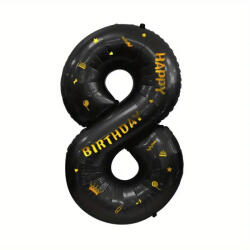 Flippy Balon din Folie Metalizata Flippy, Figurina Cifra, Scris Happy Birthday, Tema Aniversare 100 cm, Ambalaj Individual, Pai inclus, Umflare cu Aer sau Heliu, Negru, Cifra 8 (teo-129275)