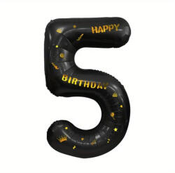 Flippy Balon din Folie Metalizata Flippy, Figurina Cifra, Scris Happy Birthday, Tema Aniversare 100 cm, Ambalaj Individual, Pai inclus, Umflare cu Aer sau Heliu, Negru, Cifra 5 (teo-129272)
