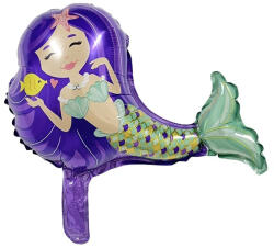 Flippy Balon din Folie Metalizata, Flippy, Mini Figurine, Model Sirena cu Par Mov, Tematica Aniversare, 39x37 cm, Ambalaj Individual, Pai Inclus, Umflare cu Aer sau Heliu, Multicolor (teo-127414)