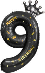 Flippy Balon din Folie Metalizata Flippy, Figurina Cifra si Coroana, Scris Happy Birthday, Tema Aniversare 100 cm, Ambalaj Individual, Pai inclus, Umflare cu Aer sau Heliu, Negru, Cifra 9 (teo-129266)