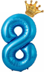 Flippy Balon din Folie Metalizata Flippy, Figurina Cifra si Coroana, Tema Aniversare 100 cm, Ambalaj Individual, Pai inclus, Umflare cu Aer sau Heliu, Albastru, Cifra 8 (teo-129255)