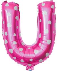 Flippy Balon Folie Metalizata Litera U, Flippy, 40 cm, Cu Imprimeu Inimioare, Umflati cu Heliu sau Aer, Ambalaj Individual, Pai inclus, Roz (teo-129605)