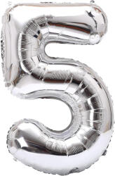 Flippy Balon din Folie Metalizata Flippy, Figurina Cifra, Tema Aniversare 40 cm, Ambalaj Individual, Pai inclus, Umflare cu Aer sau Heliu, Argintiu, Cifra 5 (teo-129211)