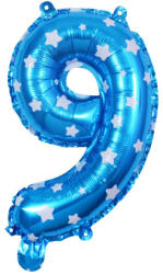 Flippy Balon din Folie Metalizata Flippy, Figurina Cifra, Imprimeu Stele, Tema Aniversare 80 cm, Ambalaj Individual, Pai inclus, Umflare cu Aer sau Heliu, Albastru, Cifra 9 (teo-127187)