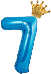 Flippy Balon din Folie Metalizata Flippy, Figurina Cifra si Coroana, Tema Aniversare 100 cm, Ambalaj Individual, Pai inclus, Umflare cu Aer sau Heliu, Albastru, Cifra 7 (teo-129254)