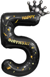 Flippy Balon din Folie Metalizata Flippy, Figurina Cifra si Coroana, Scris Happy Birthday, Tema Aniversare 100 cm, Ambalaj Individual, Pai inclus, Umflare cu Aer sau Heliu, Negru, Cifra 5 (teo-129262)