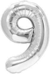 Flippy Balon din Folie Metalizata Flippy, Figurina Cifra, Tema Aniversare 40 cm, Ambalaj Individual, Pai inclus, Umflare cu Aer sau Heliu, Argintiu, Cifra 9 (teo-129215)