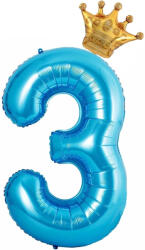 Flippy Balon din Folie Metalizata Flippy, Figurina Cifra si Coroana, Tema Aniversare 100 cm, Ambalaj Individual, Pai inclus, Umflare cu Aer sau Heliu, Albastru, Cifra 3 (teo-129250)