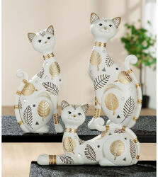 Arany színű levelekkel díszített fehér színű cica szobor - 23cm