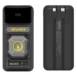 Awei P77K Vésztöltő Usb+Type-C Aljzat 10000 mAh, Pd Gyorstöltő + Fix Type-C+Lightning Kábel, Fekete