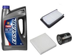 ECSTAR Suzuki Sx4 olajcsere szett 1.5-1.6 benzin 2009.08-ig levegőszűrő, olajszűrő, pollenszűrő, Suzuki gyári motorolaj ECSTAR 0w20 4L (99000-21E20-047, 13780-79J00, 16510-61A01, 95860-62J00)
