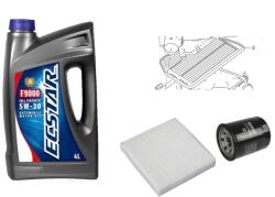 ECSTAR Suzuki S-Cross, Vitara II, olajcsere szett 1.4 benzin -HYBRID- K14D levegőszűrő, olajszűrő, pollenszűrő, Suzuki gyári motorolaj ECSTAR 5w30 4L (99000-21E70-047, 13780-53SA0, J1316004, UFI 23.255. 00, 