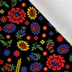 Takoy Matt anyag fürdőruhákhoz, fitnesz ruházathoz Šariš népviselet minta - színes fekete alapon