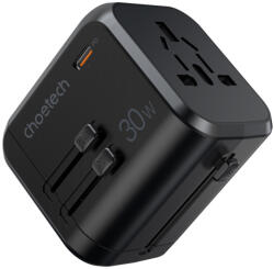 Choetech USB-C+A*3 (4port, 30W, fekete, travel, US, UK, EU, AU), töltő - vegyesbolt