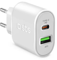 SBS TETRPD20W hálózati töltő 1xUSB-A és 1xUSB-C csatlakozással 20W 3A PD - fehér