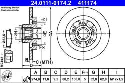 ATE Disc frana spate Renault Kangoo ATE 24.0111-0174.2 (24.0111-0174.2)