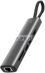USE USBHUB7 - Home USBHUB7 dokkoló állomás, Gigabit RJ45, 4K HDMI HDR, egér, billentyűzet, TF/microSD, SD, 2 TB USB tároló, merevlemez, ~100 W PD, plug & play