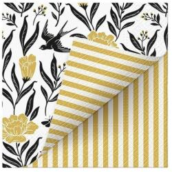 PAW Kétoldali mintás papírszalvéta 33x33 cm 3 rétegű 20 lap/csomag Fecskék arany csíkokkal