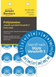 Avery Zweckform Avery időjárásálló öntapadó plakett Vinyl "Geprüft nach DGUV Vorschrift 3"" 2025-2030 év Ø 20 mm - kék (6975-2025)