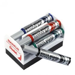 Pentel táblamarker kerek hegyű Maxiflo 2, 5 mm 4 szín + törlőszivacs szett - fekete, piros, kék, zöld (MWL5M-4N)