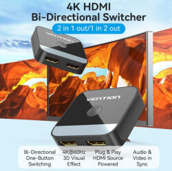 Vention HDMI (2 Portos, kétirányú, 4K, 60Hz, fekete), switcher (AKOB0)