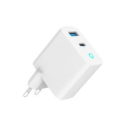 Gembird 30W-os USB-A + USB-C GaN gyorstöltő QC 3.0 és PD funkcióval (220V) [TA-UC-PDQC30L-W-01]