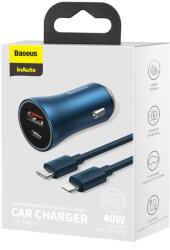 Baseus autós töltő Golden Contactor Pro USB A / Type C + Lightning kábel 40W (kék)