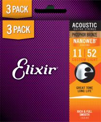 Elixir 3-PACK Phosphor Bronze NanoWeb (16544) 11-52 Custom Light akusztikus húrkészlet 3 db