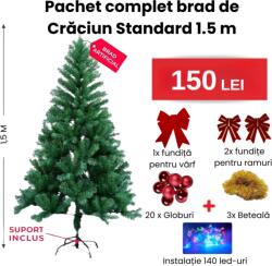  Pachet Complet Brad de Crăciun Standard 1, 5m - Cu Fundițe, Globuri, Instalație LED și Accesorii Incluse