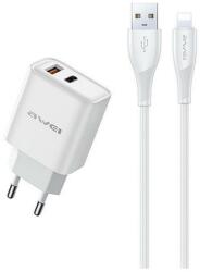 Awei hálózati töltő (USB-A+USB-C aljzat, 22, 5W, lightning kábellel, fehér) (PD81L-EU)