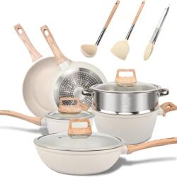 JOZY® 12 részes készlet, fazekak és lábasok, üveg fedők, kiváló minőségű gránit, elegáns design, 3 konyhai eszköz, fehér modell (38-0749460955313)