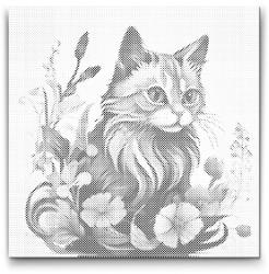  PontPöttyöző - Macska virágokkal körülvéve Méret: 50x50cm, Keretezés: Kerek keret, Szín: Zöld