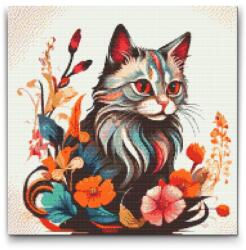  Gyémántszemes kirakó - Macska virágokkal körülvéve Méret: 50x50cm, Keretezés: Kartonlemezen, Gyémántok: Négyzet alakú